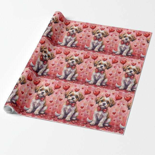 Malti Tzu Valentine Dog Sitting with Hearts Red Geschenkpapier (Ungerollt)