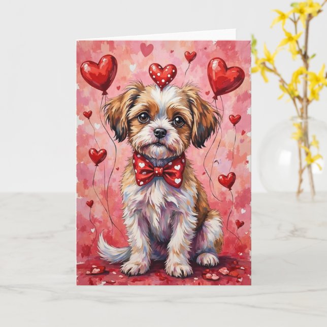 Malti Tzu Valentine Dog Sitting with Hearts Red Karte (Gelbe Blume)