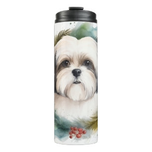 Malti Tzu Weihnachts-Kranz Festlicher Hund Thermosbecher