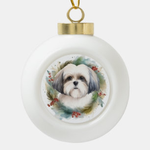 Malti Tzu Weihnachtskranz Festlicher Hund Keramik Kugel-Ornament