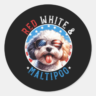 Maltipoo Hund 4. Juli Rot Weiß Und Maltipoo Runder Aufkleber