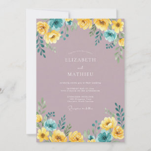 Malven-Gelb-Teal-Blumen-Aquarell-Hochzeit Einladung