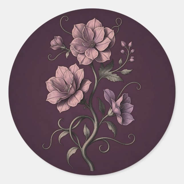 Malvenviolette Anemonenblume Dunkle Botanik  Runder Aufkleber (Vorderseite)