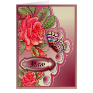 Mam mit Roten Rosen und Schmetterling auf Creme