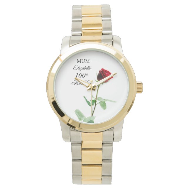 Mama 100. Geburtstag Rote Rose Blume Personalisier Armbanduhr (Vorderseite)