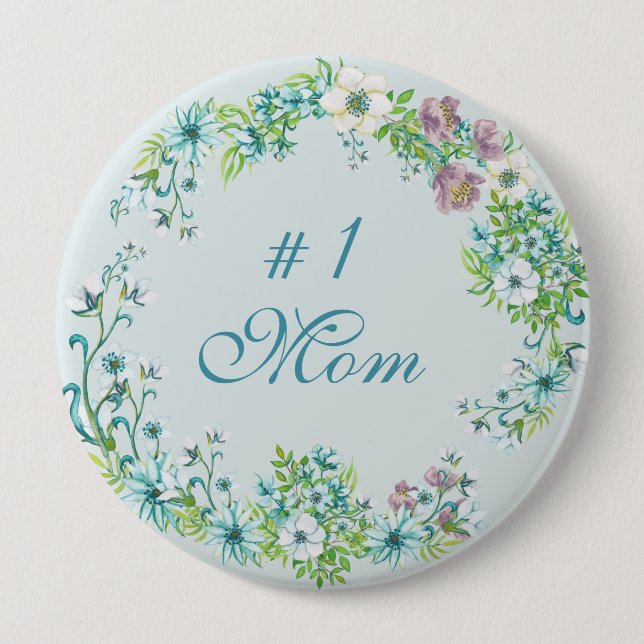 Mama 1: Blaue und Lila Aquarellfarben-Blume Button (Vorderseite)