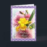 Mama 80. Geburtstag Freesias ändern Alter) Karte<br><div class="desc">Geburtstagskarte mit Spitzenrahmen und Foto von Blume: Freesias und Mums auf lila / Lavendeluntergrund. Personalisieren Sie Ihre Nachricht! Tarjeta postalisch en ingles con una foto de flores amarillas y rosadas para el cumples de una mama. Personalisieren Sie su mensaje! (puede replazar el texto escrito) Fotografie von Maria Santos (Lusinhas do...</div>