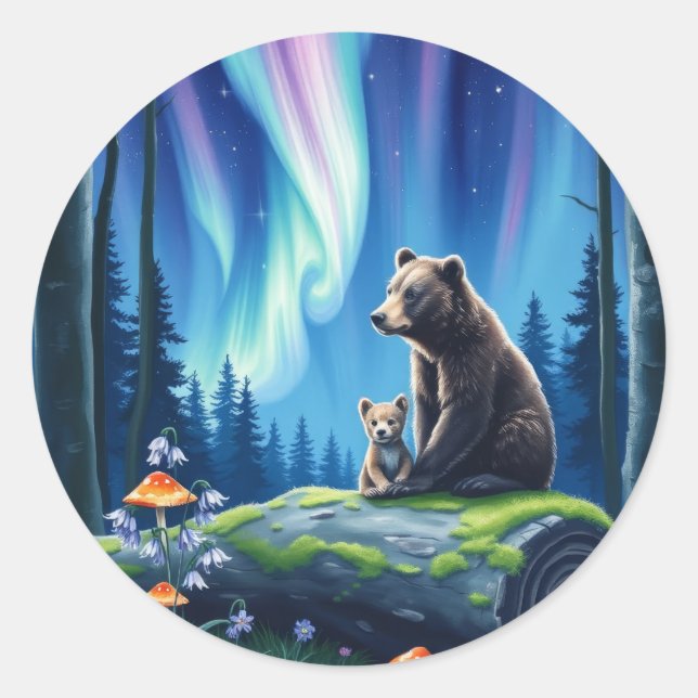 Mama and Baby Bear and the Northern Lights Runder Aufkleber (Vorderseite)