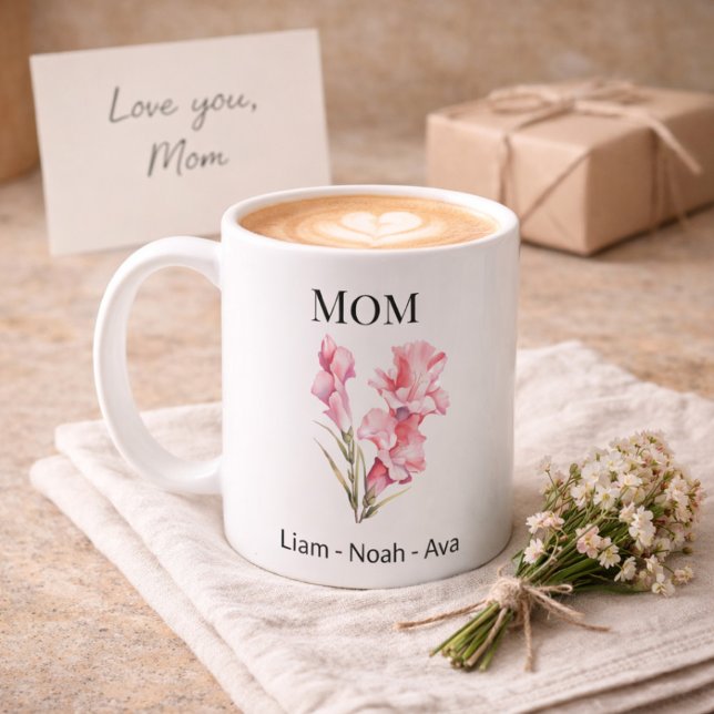 Mama August Geburtsblume mit Kindernamen Kaffeetasse (Von Creator hochgeladen)