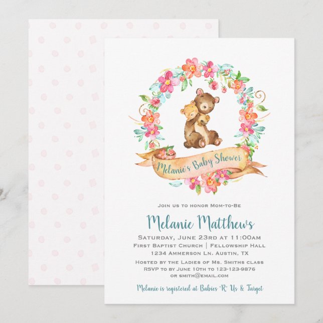 Mama Baby Bear Watercolor Blumengarnitur Babydusch Einladung (Vorne/Hinten)