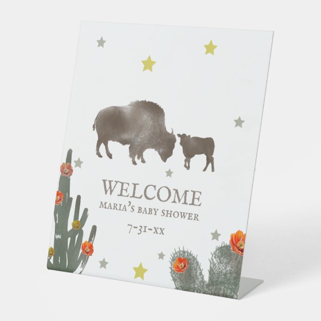 Mama Baby Buffalo Cactus Girl Baby Dusche Willkomm Sockelschild (Vorderseite)