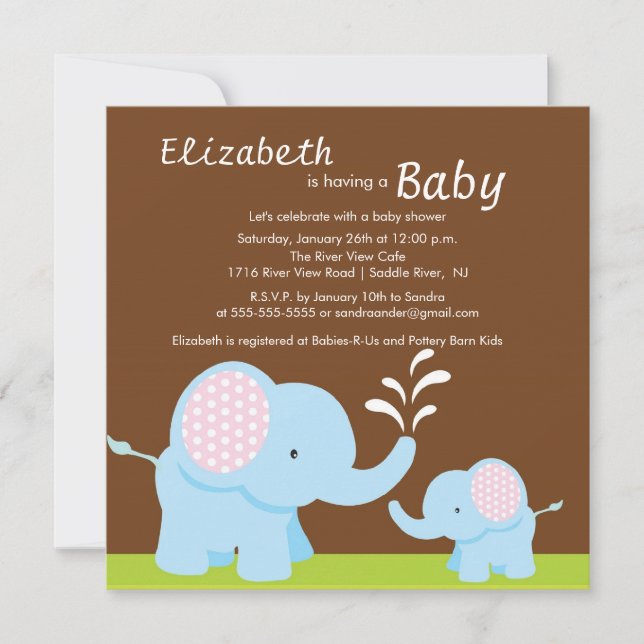 Mama & Baby Elephant Baby Showboy oder Girl Einladung (Vorderseite)