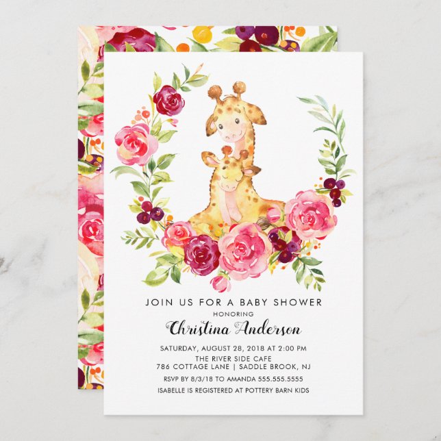 Mama & Baby Giraffe Kinderdusche Einladung (Vorne/Hinten)