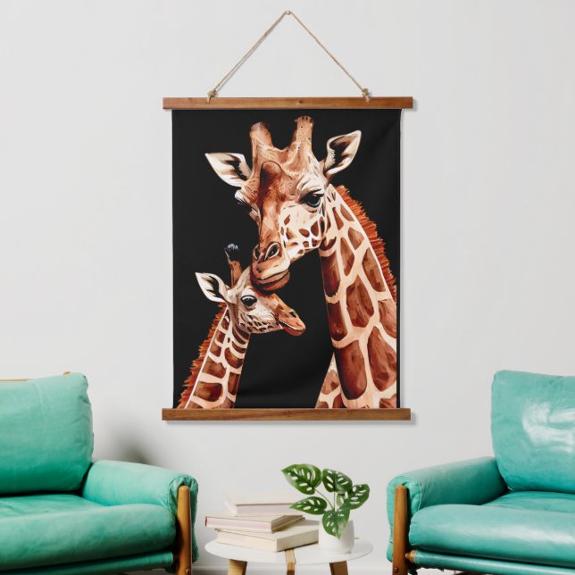 Mama & Baby Giraffe Wasserfarbe Wandteppich Mit Holzrahmen (Wohnzimmer)