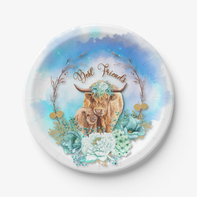 Mama Baby Highland Cows Floral Pappteller (Vorderseite)