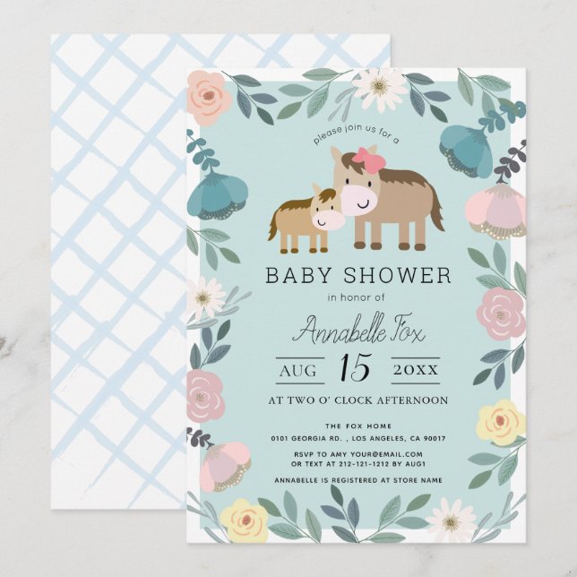 Mama & Baby Horse Blue Floral Garden Babydusche Einladung (Vorne/Hinten)