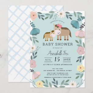 Mama & Baby Horse Blue Floral Garden Babydusche Einladung