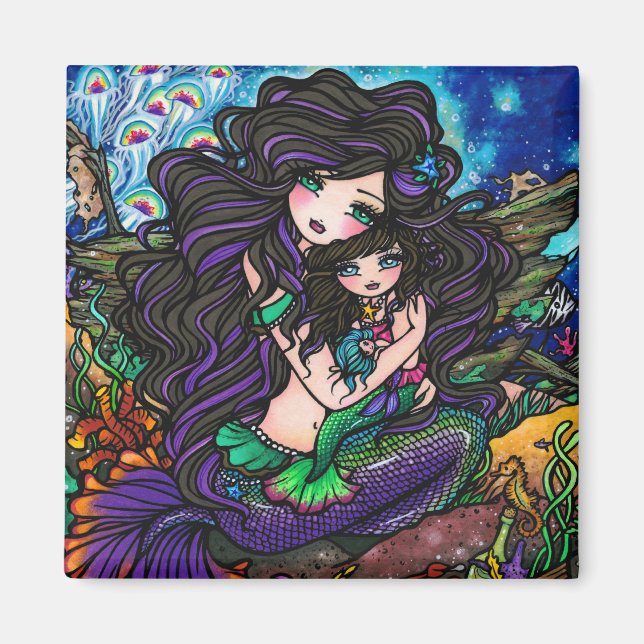 Mama & Baby Mermaid Fantasy Marine Art Hannah Lynn Magnet (Vorne)