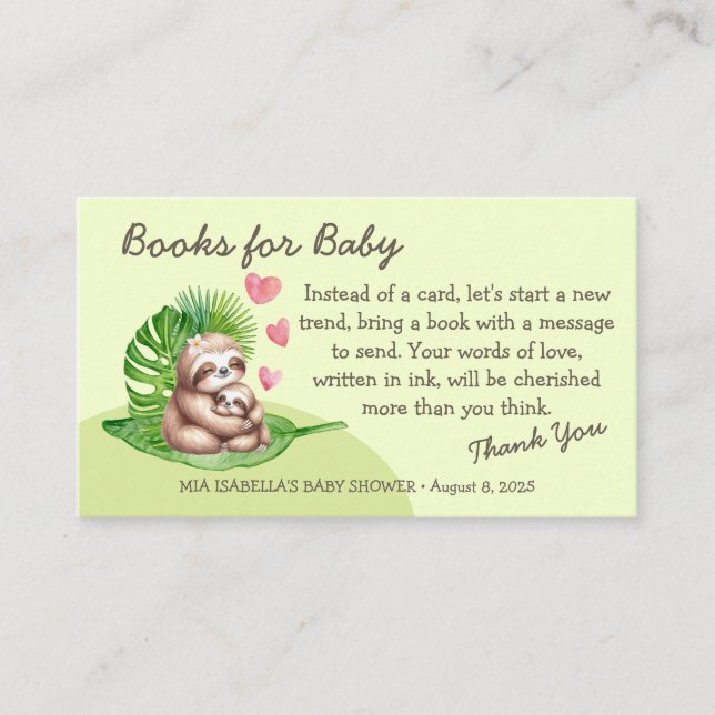 Mama & Baby Sloth - Bücher für Babyverpackungskart Begleitkarte (Vorderseite)