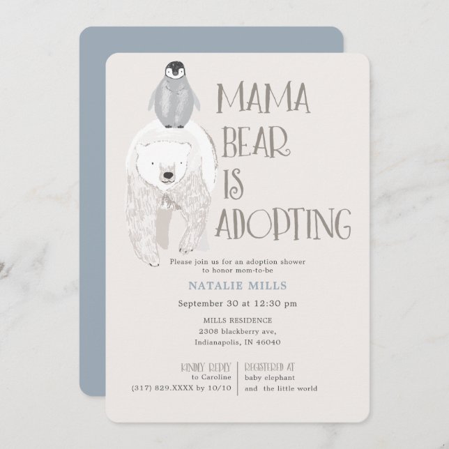 Mama Bear Adoption Blue Boy Baby Dusche Einladung (Vorne/Hinten)