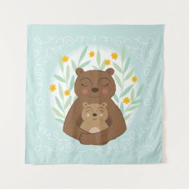 Mama Bear and Baby Bear on Aqua Blue Wandteppich