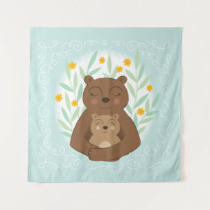 Mama Bear and Baby Bear on Aqua Blue Wandteppich