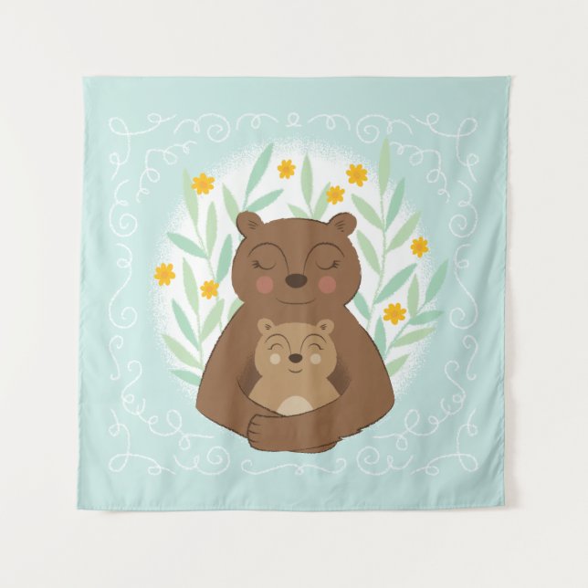 Mama Bear and Baby Bear on Aqua Blue Wandteppich (Vorderseite)