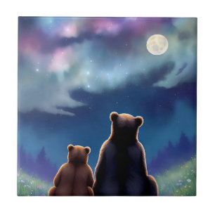 Mama Bear & Baby Cub Bears bei Nacht Fliese