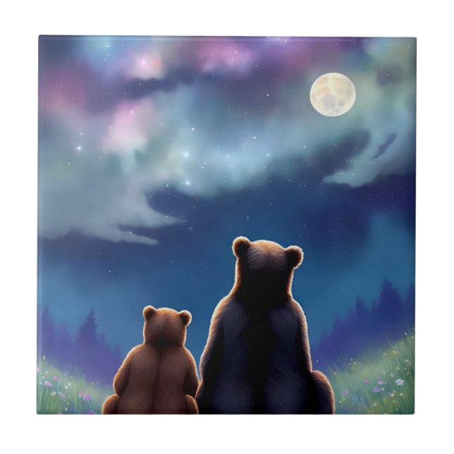 Mama Bear & Baby Cub Bears bei Nacht Fliese (Vorderseite)