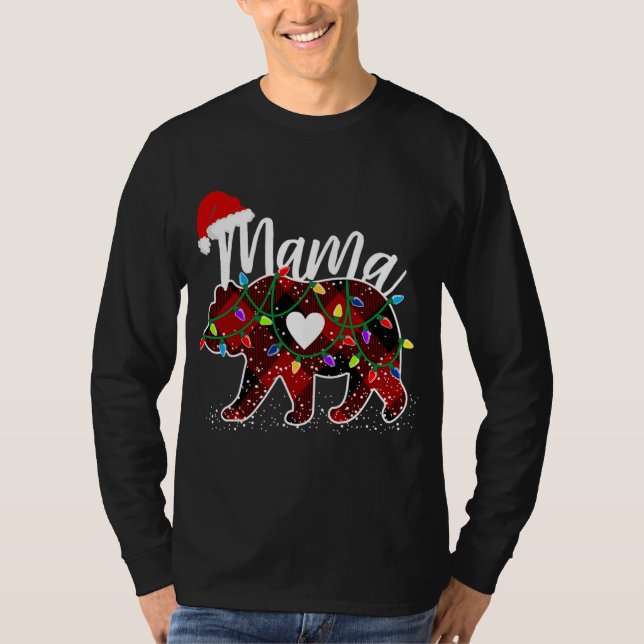 Mama Bear Christmas Red Buffalo Kariert mit Santa  T-Shirt (Vorderseite)