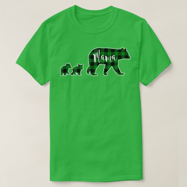Mama Bear mit 2 Cubs Black Green Buffalo Chec T-Shirt (Design vorne)