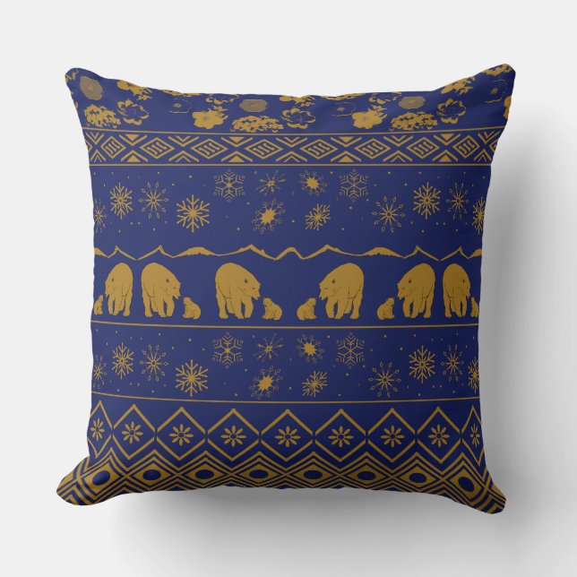 Mama Bear mit Baby Bear Muster in Blau und Gold Kissen (Vorderseite)