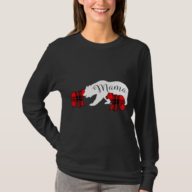 Mama Bear Two Cubs Karierte Mama Weihnachten Pajam T-Shirt (Vorderseite)