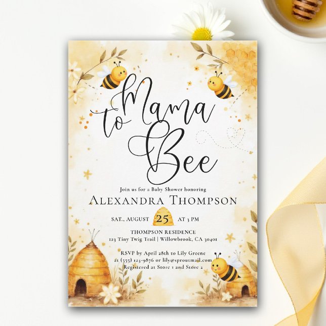 Mama Bee Summer Hive Bumblebee Script Baby Shower Einladung (mama to bee baby shower theme invitation spring summer little honey watercolor elegant bumblebee)