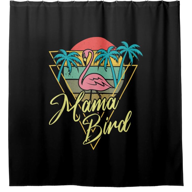 Mama Bird Flamingo Sunset Palm Tree Beach 80er Duschvorhang (Vorderseite)