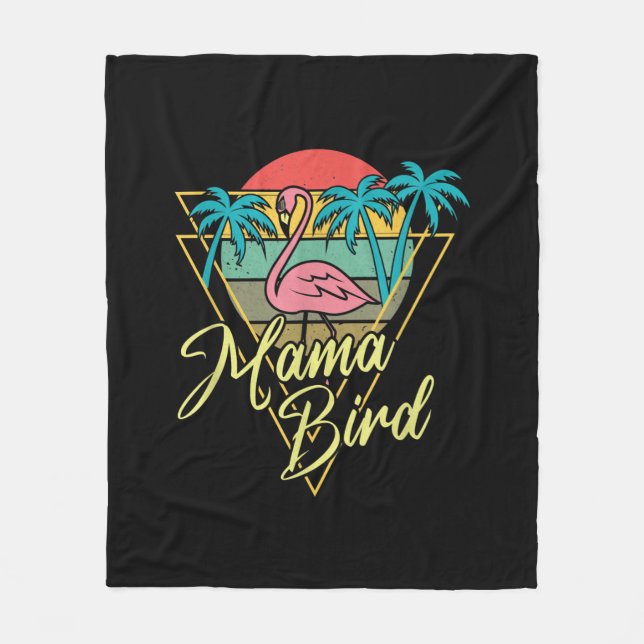 Mama Bird Flamingo Sunset Palm Tree Beach 80er Fleecedecke (Vorderseite)