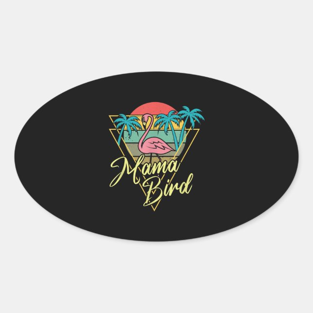 Mama Bird Flamingo Sunset Palm Tree Beach 80er Ovaler Aufkleber (Vorderseite)