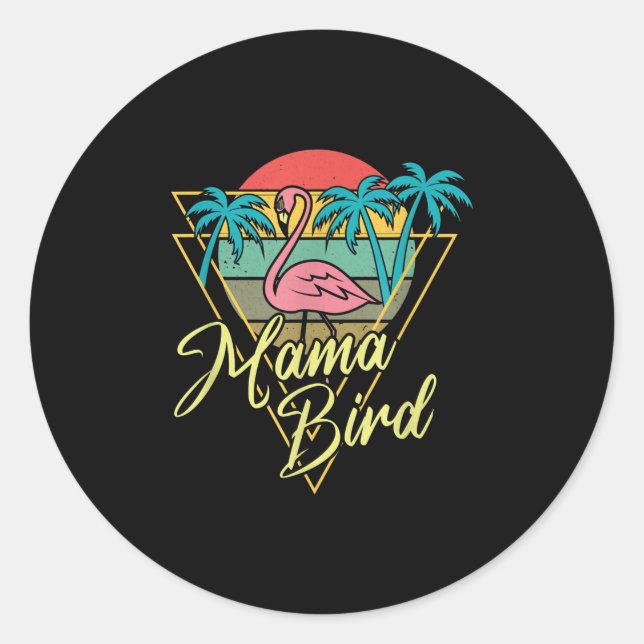 Mama Bird Flamingo Sunset Palm Tree Beach 80er Runder Aufkleber (Vorderseite)