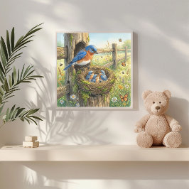 Mama Blaue Vogel und ihre Küken Kinderkrippe Poster