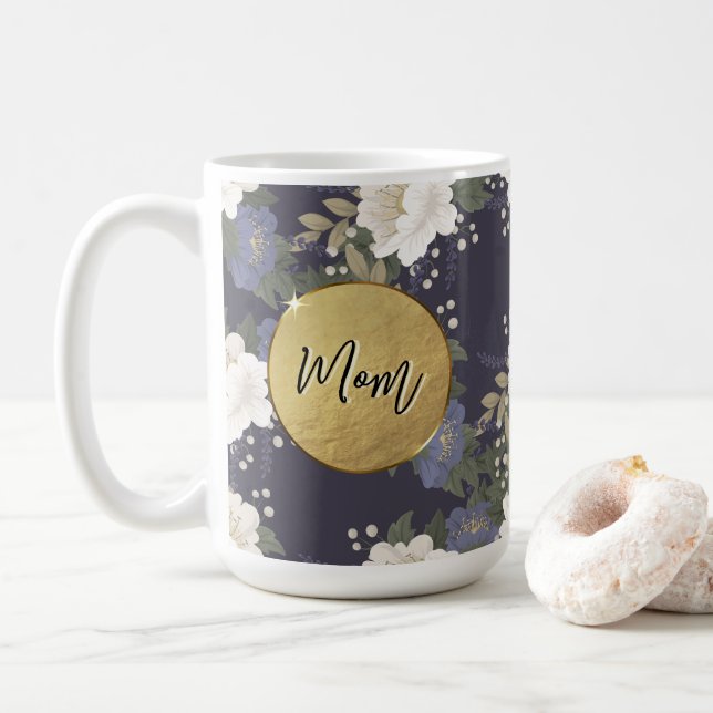 Mama | Blue Floral Personalisiert Coffee Tasse (Mit Donut)