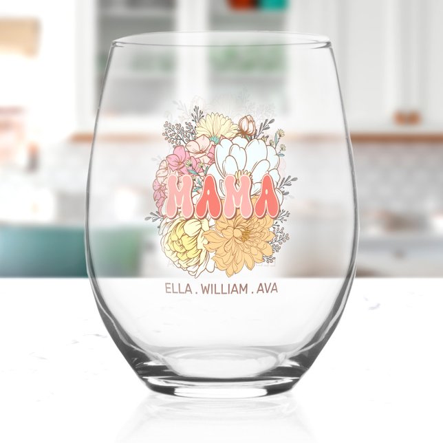 Mama Children Kids nennen Floral Pastel Retro Weinglas Ohne Stiel (Mama Children Kids Names Floral Pastel Retro Stemless Wine Glass)