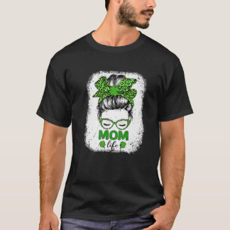 Mama Clover Messy Bun Leopard Funny St Patrick's D T-Shirt