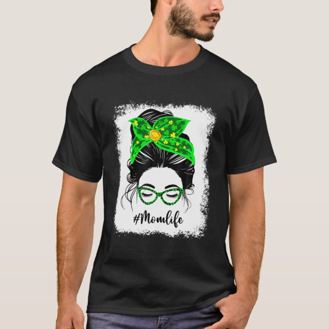 Mama Clover Messy Bun Leopard Kleeblatt St Patrick T-Shirt (Vorderseite)