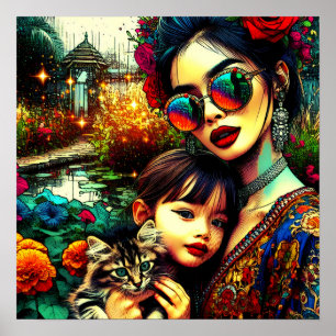 Mama der Farben und Tochter Asiatischer Blumengart Poster