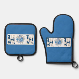 Mama der Mütter Day Blue Floral Ofenhandschuh & Topflappen-Set