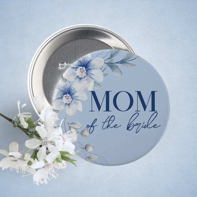 Mama der Schaltfläche "Bride Blue Floral" für das  Button (Mom of the Bride Watercolor Blue Floral Guest of Honor Buttons. 5 Sizes Available)