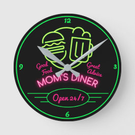 Mama Diner Open 24/7 Retro Fifties Neon Effect Runde Wanduhr