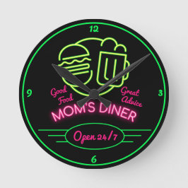 Mama Diner Open 24/7 Retro Fifties Neon Effect Runde Wanduhr