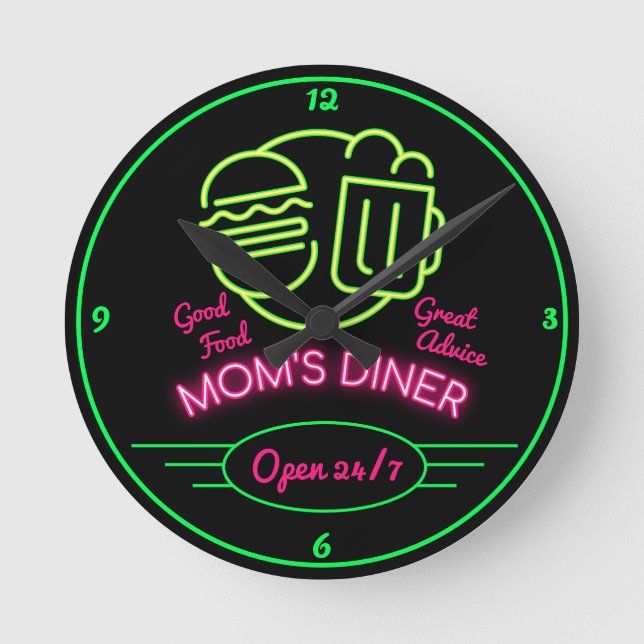 Mama Diner Open 24/7 Retro Fifties Neon Effect Runde Wanduhr (Vorderseite)