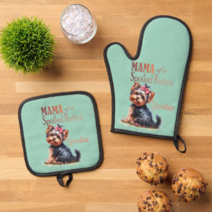 Mama einer verwöhnten Rotten Yorkie Watercolor Art Ofenhandschuh & Topflappen-Set